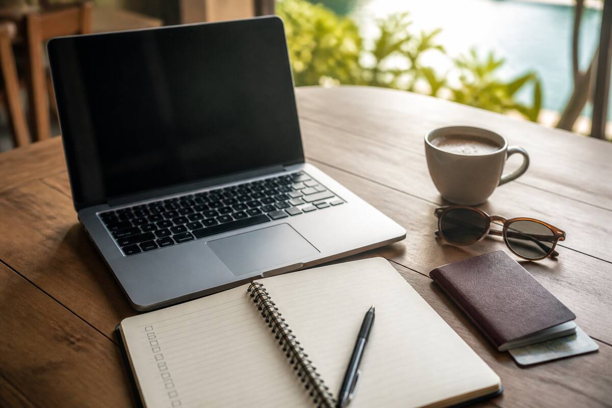 Laptop en notitieboek met reisplanning op tafel