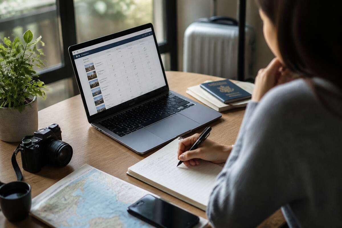 Iemand die vakanties vergelijkt op een laptop met een notitieboekje en een koffer op tafel