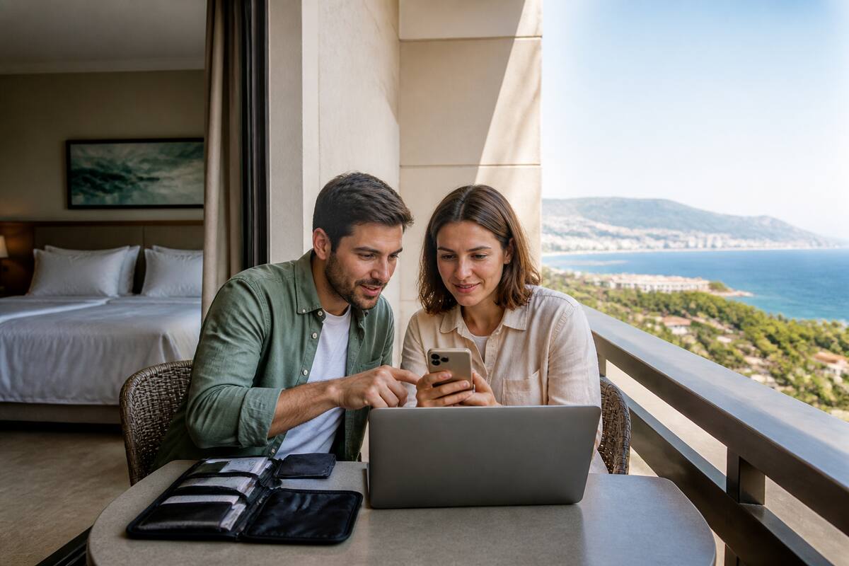 Koppel dat samen vakanties vergelijkt op een laptop tijdens het voorbereiden van een reis