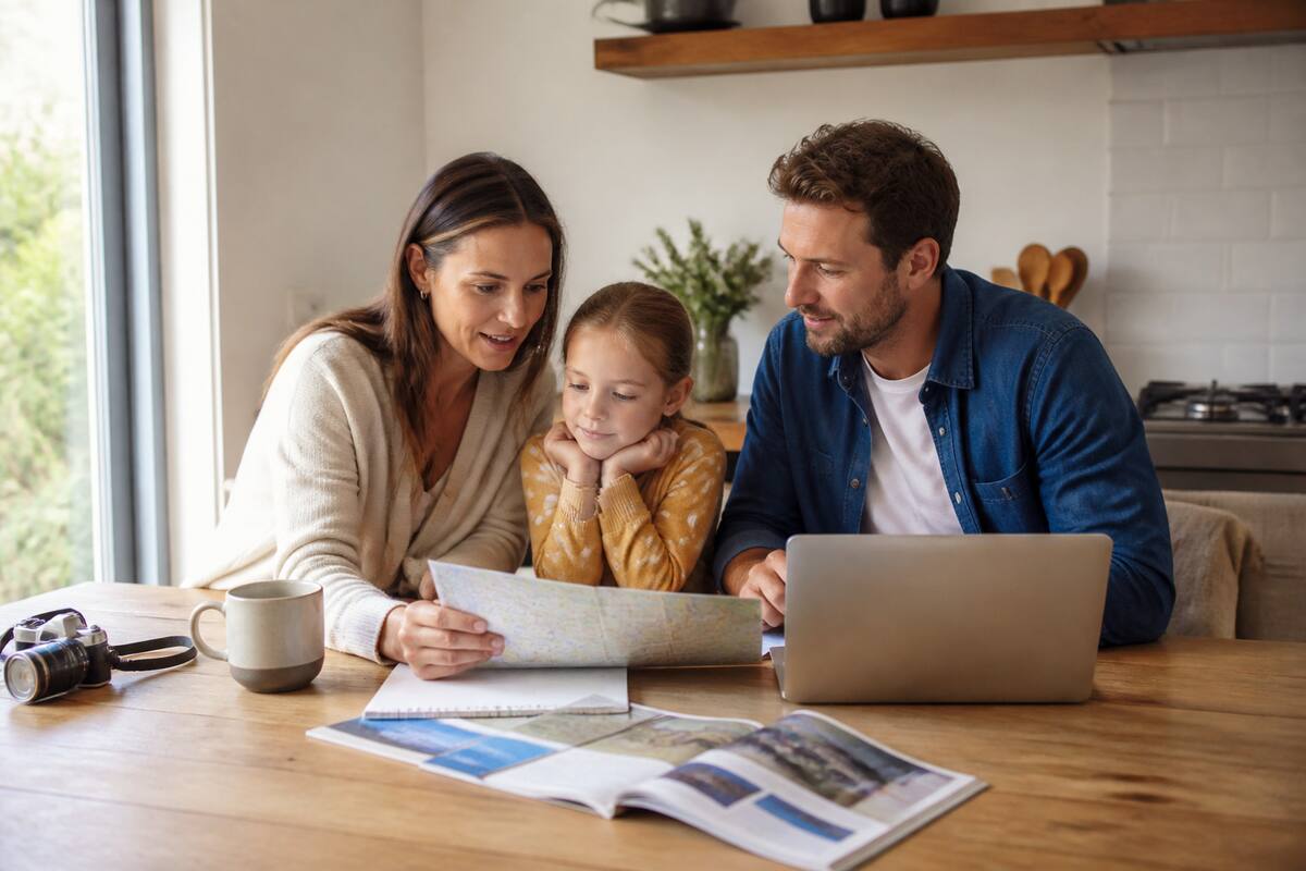 Gezin dat vakanties vergelijkt op een laptop met reisgidsen op tafel