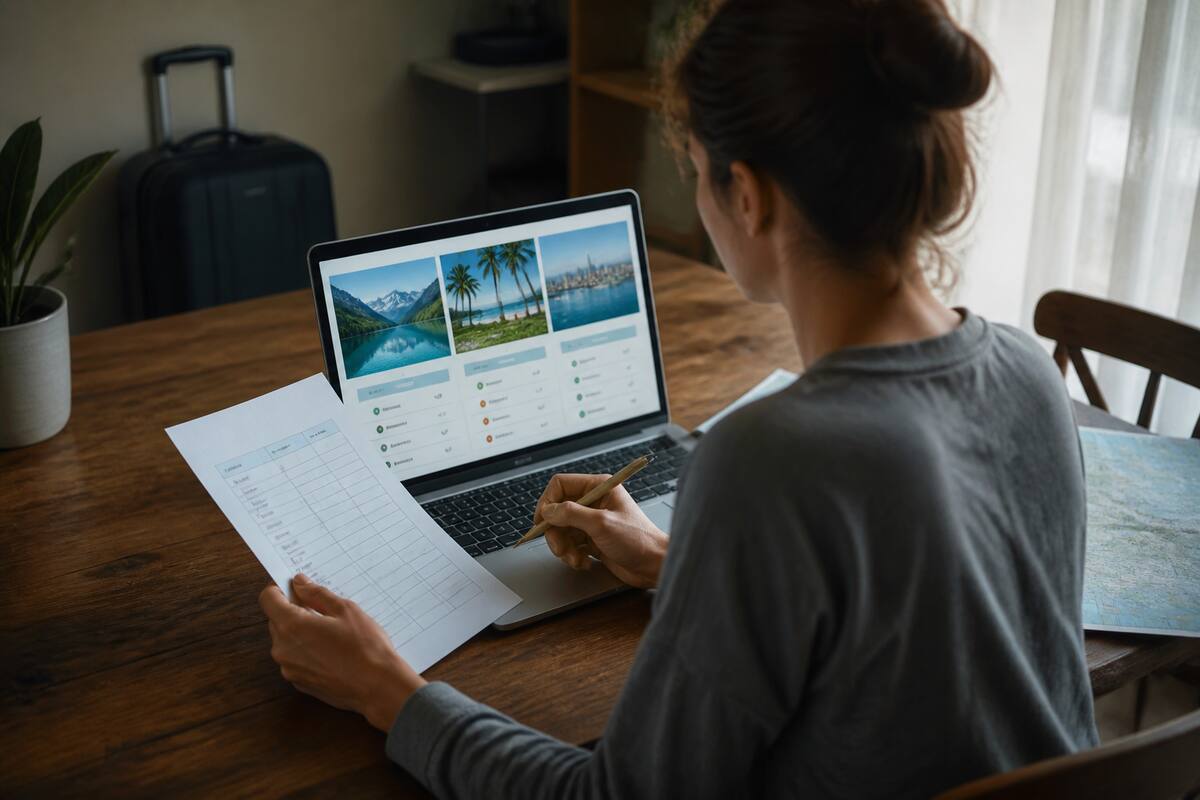 Iemand vergelijkt vakanties op een laptop met een checklist op tafel