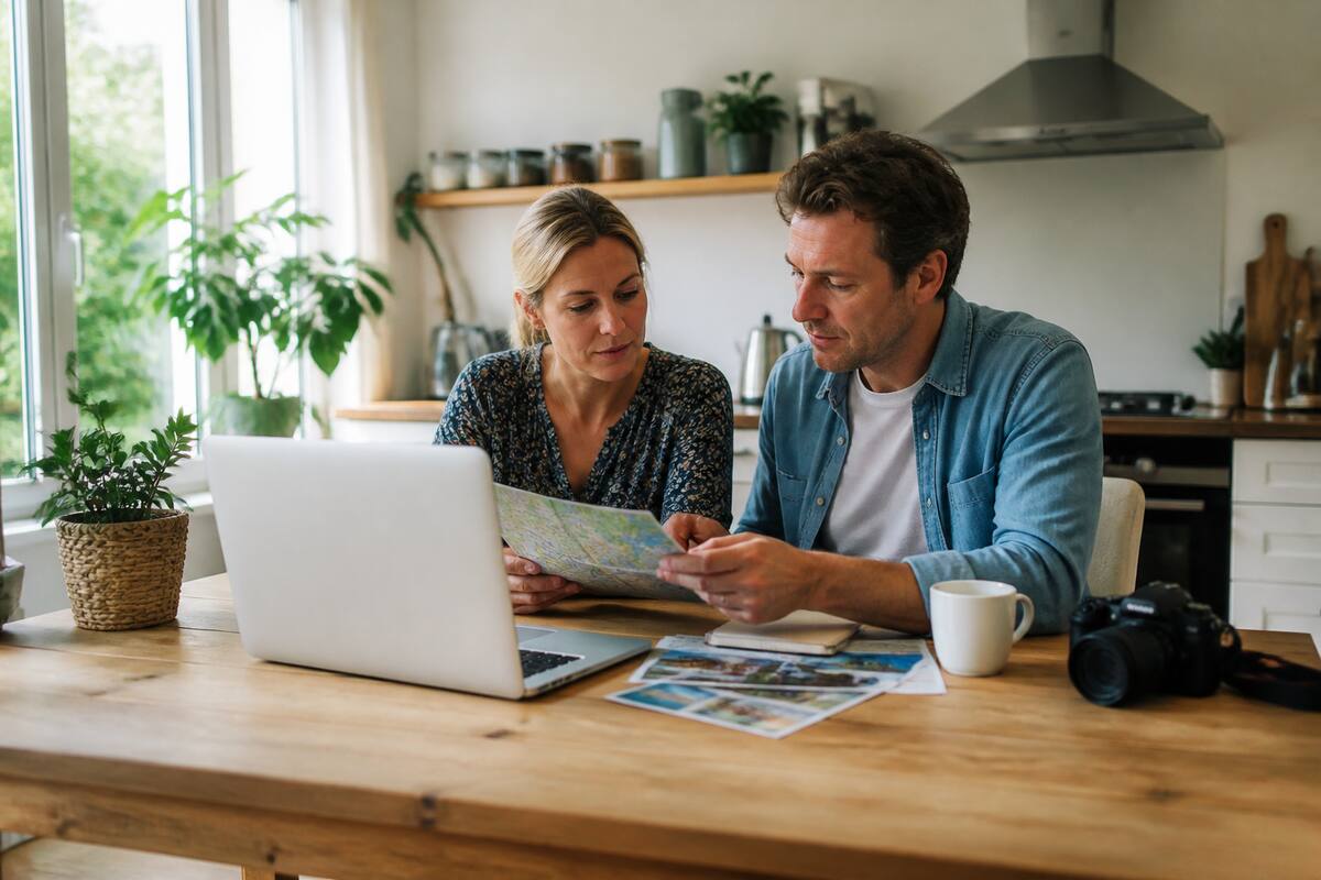 Een stel dat met laptop en reisnotities vakantieopties vergelijkt aan tafel
