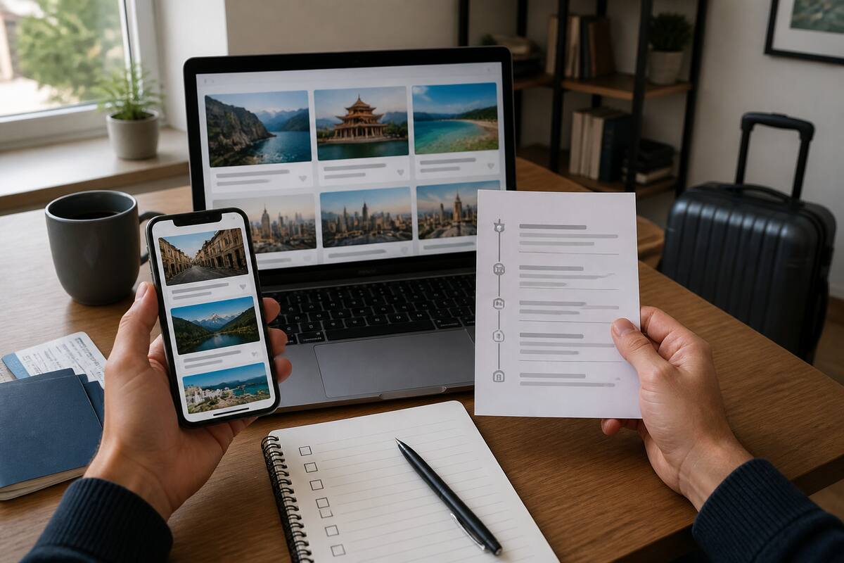 Reizen vergelijken met een checklist en reisdocumenten in een thuiskantoor