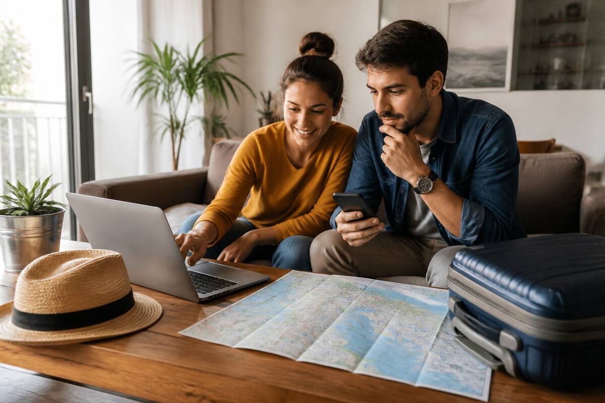 Vakanties vergelijken op laptop en telefoon met een reisgids en reiskoffer op tafel