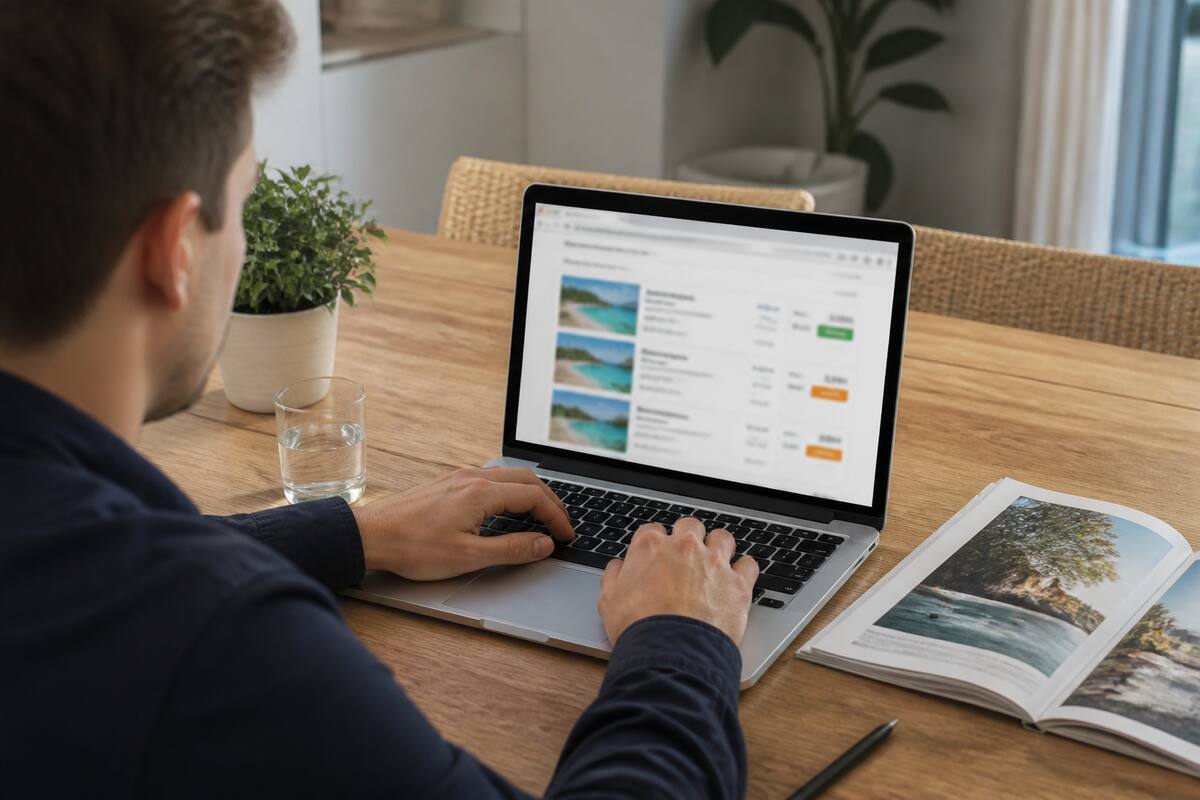 Persoon die op een laptop vakanties vergelijkt met reisgids en pen op tafel