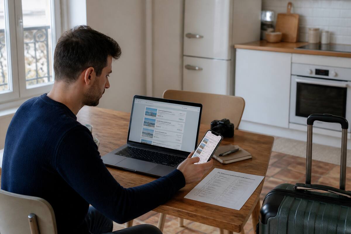 Iemand vergelijkt vakanties op laptop met een checklist en reisbenodigdheden op tafel.