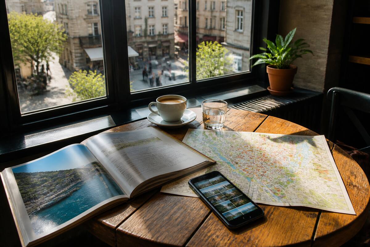 Een reisgids, kaart en smartphone op tafel tijdens het vergelijken van vakanties