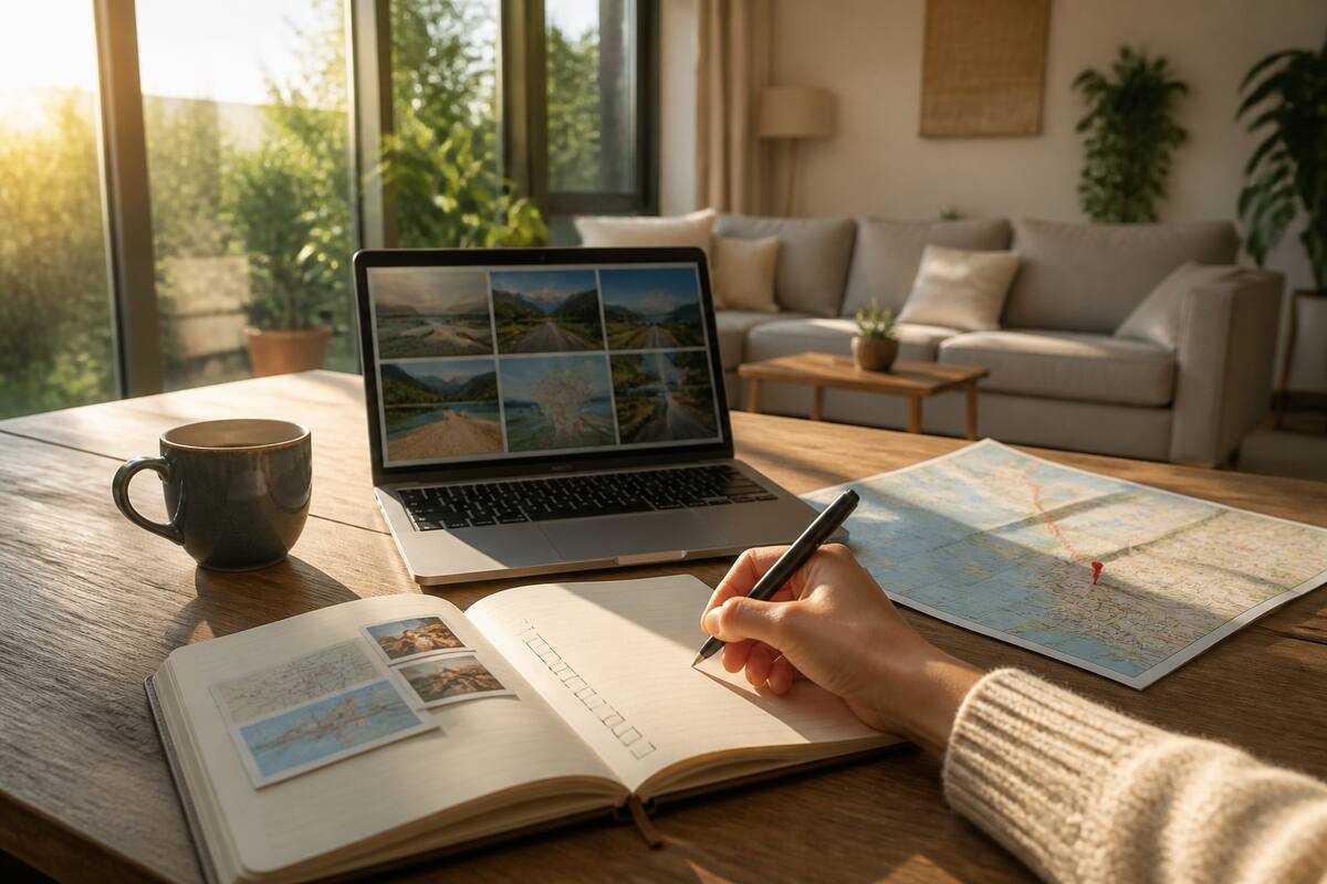 Checklist bij het reizen vergelijken op tafel met laptop en reisnotitieboekje