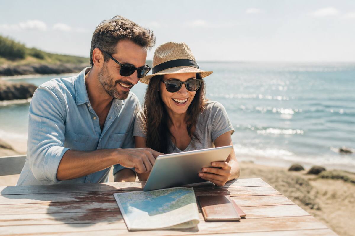 Vakanties vergelijken met reisdocumenten en een tablet bij een strand op een zonnige dag