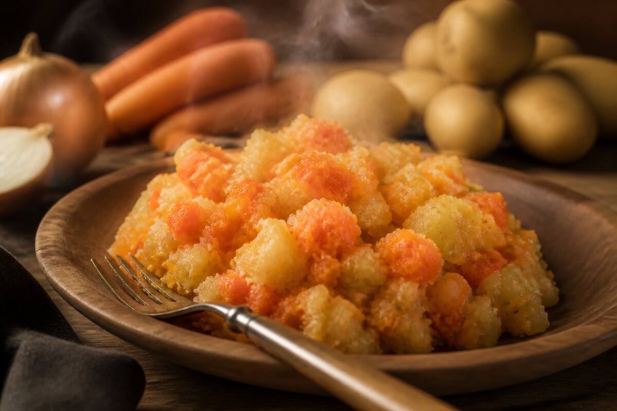 Dampende hutspot op een houten bord met vork en ingrediënten op de achtergrond