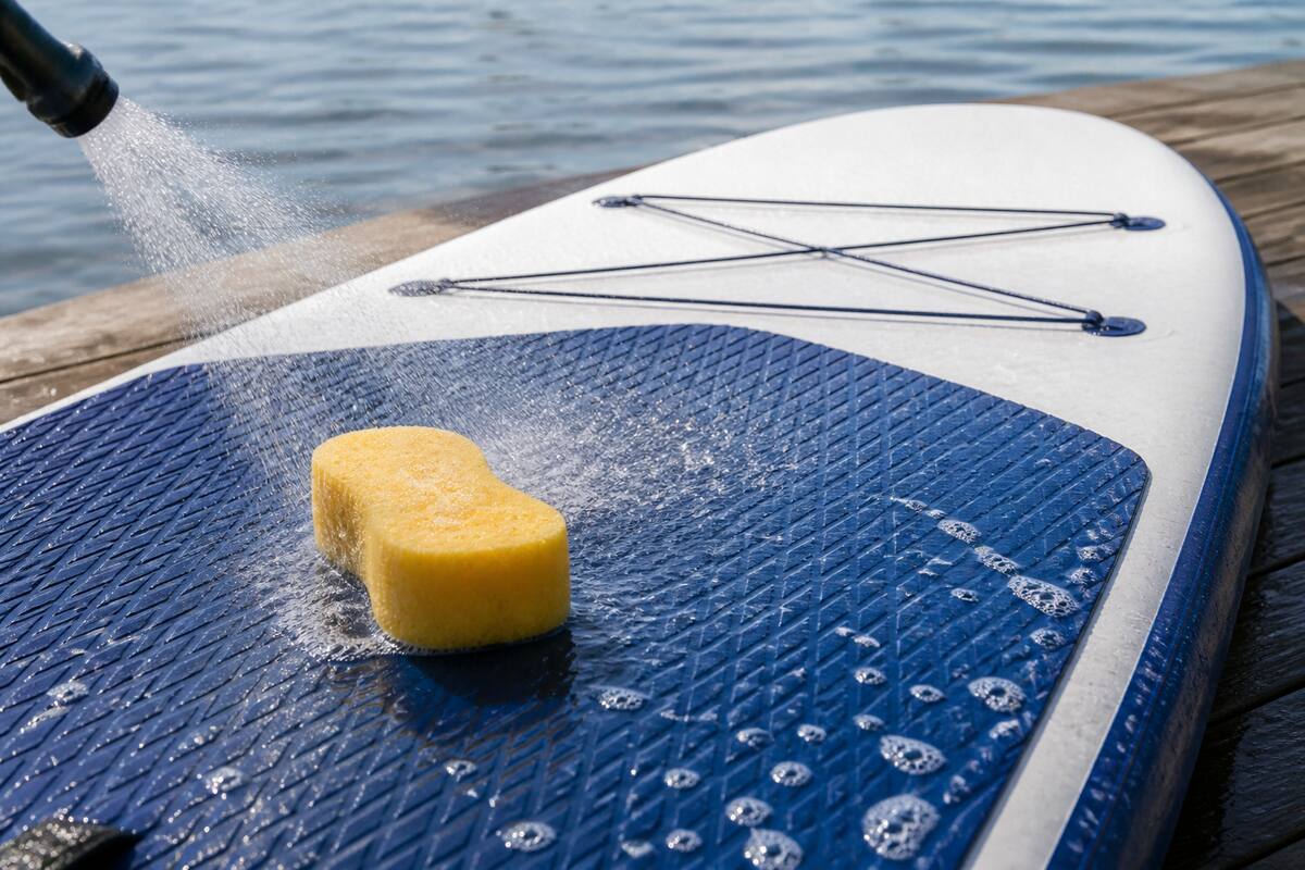 Een supboard wordt na het varen afgespoeld met lauw water op een rustige steiger