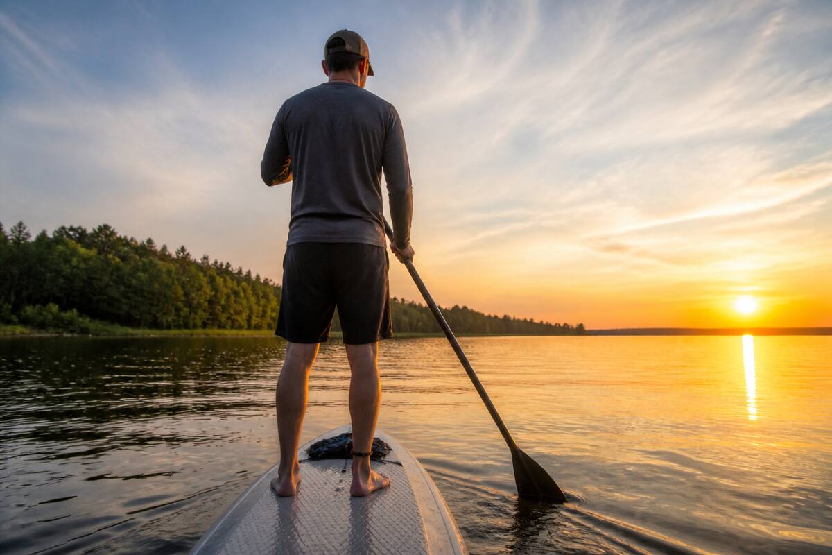 Een volwassene op een supboard op een rustig meer bij zonsopkomst